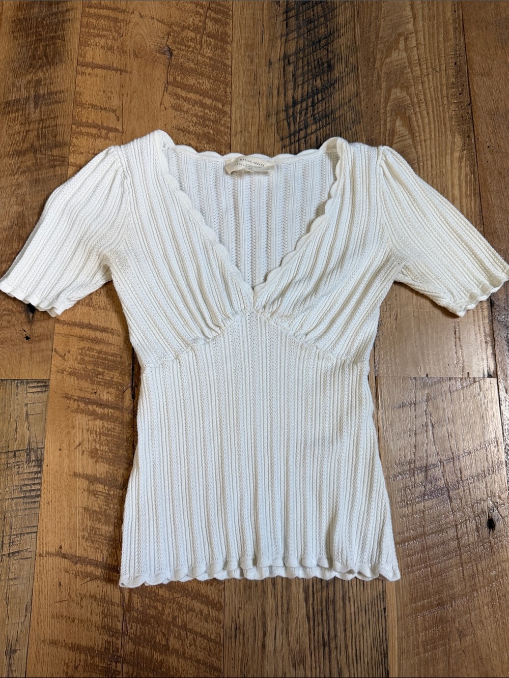 Sezane Cream Ribbed V-Neck Short Sleeve Top